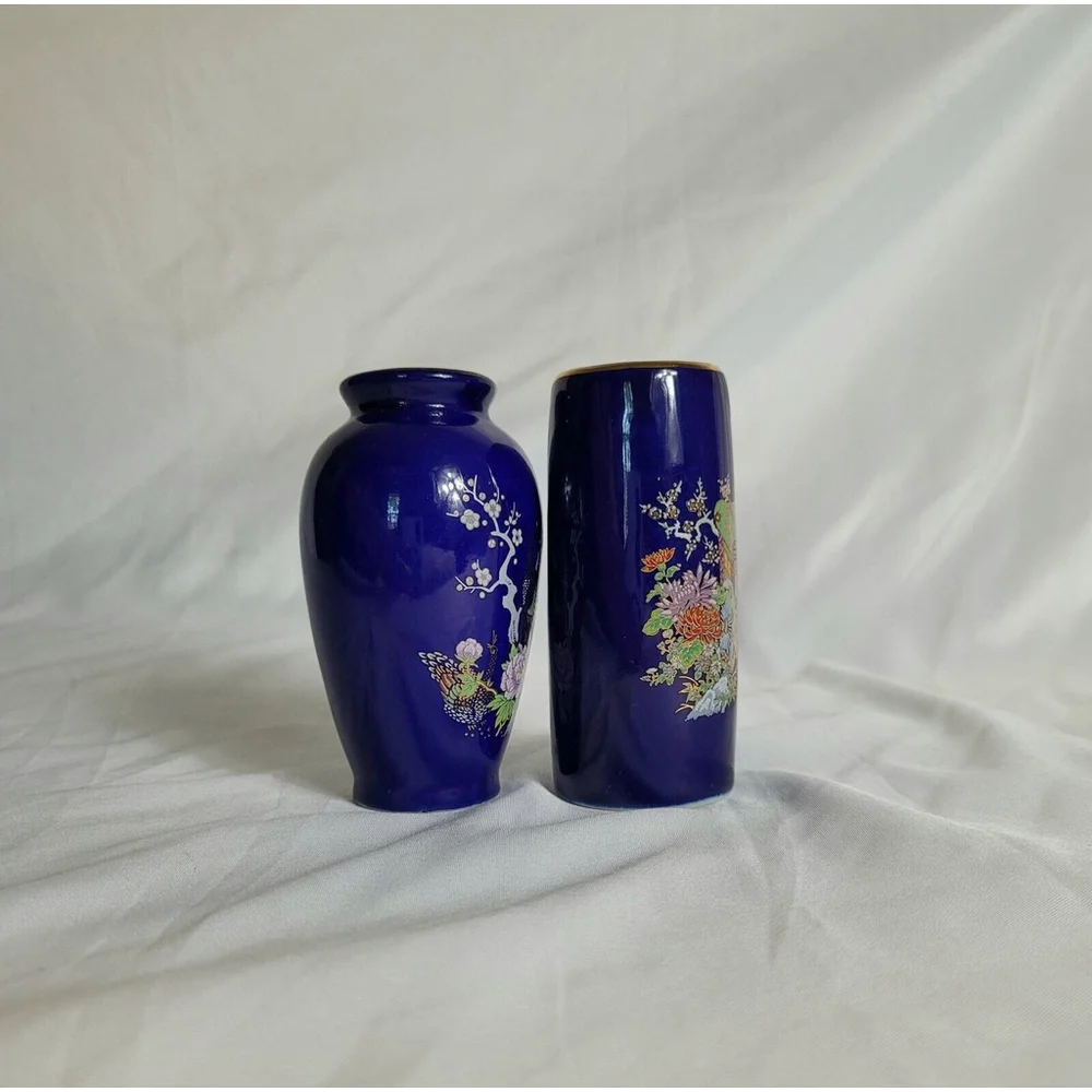 2 Vintage Miyako Mini Vases Cobalt Blue W/ Gold‎ Accents Floral & Peacock